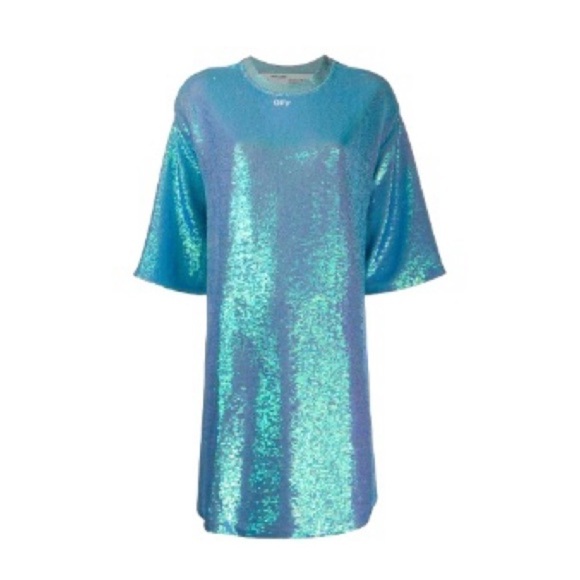 Off-White Blue Sequined Short Sleeve T-Shirt Dress Sz. S​​​​​​​​